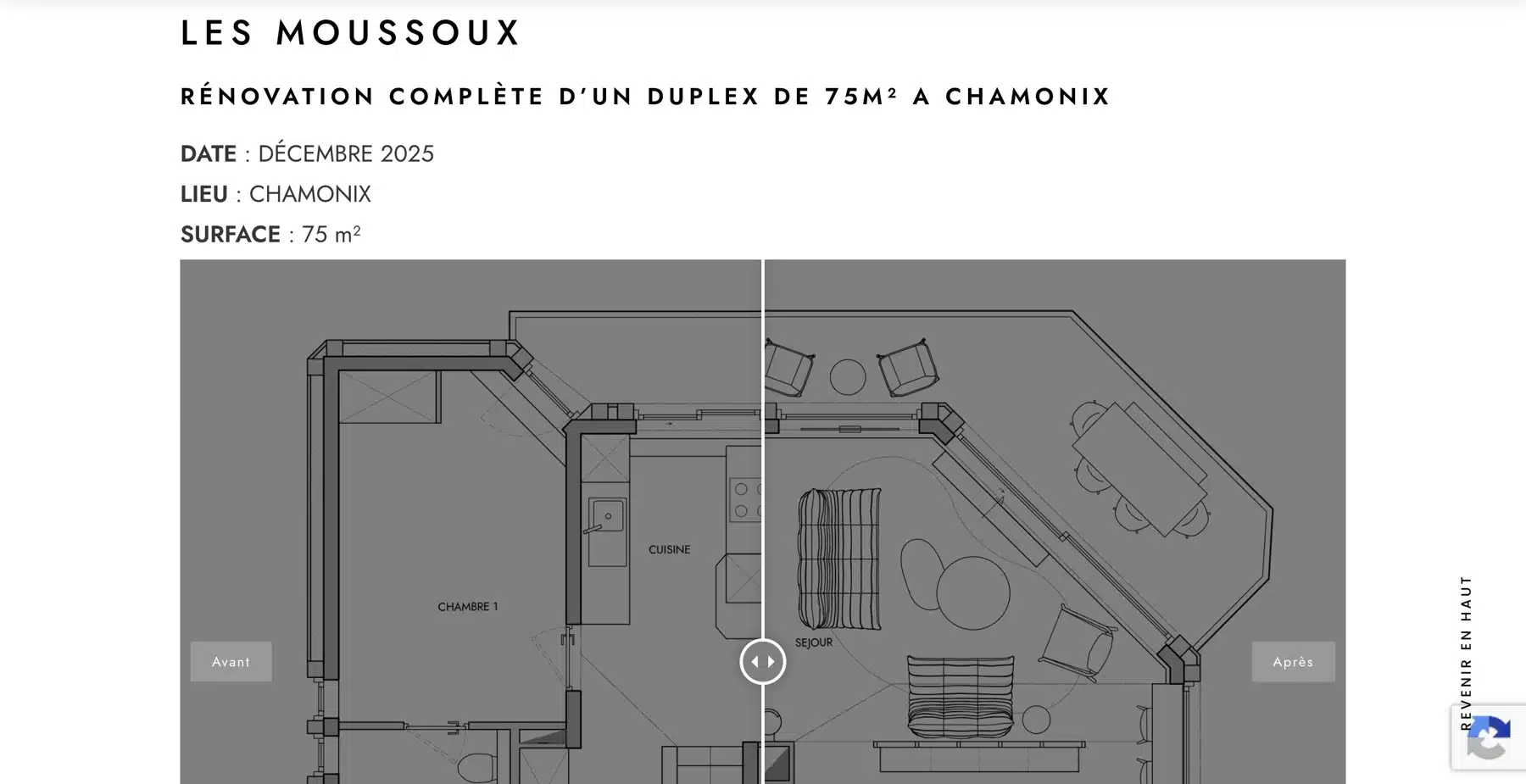 Page projet avec comparateur avant/après sur le site de Manon Papin